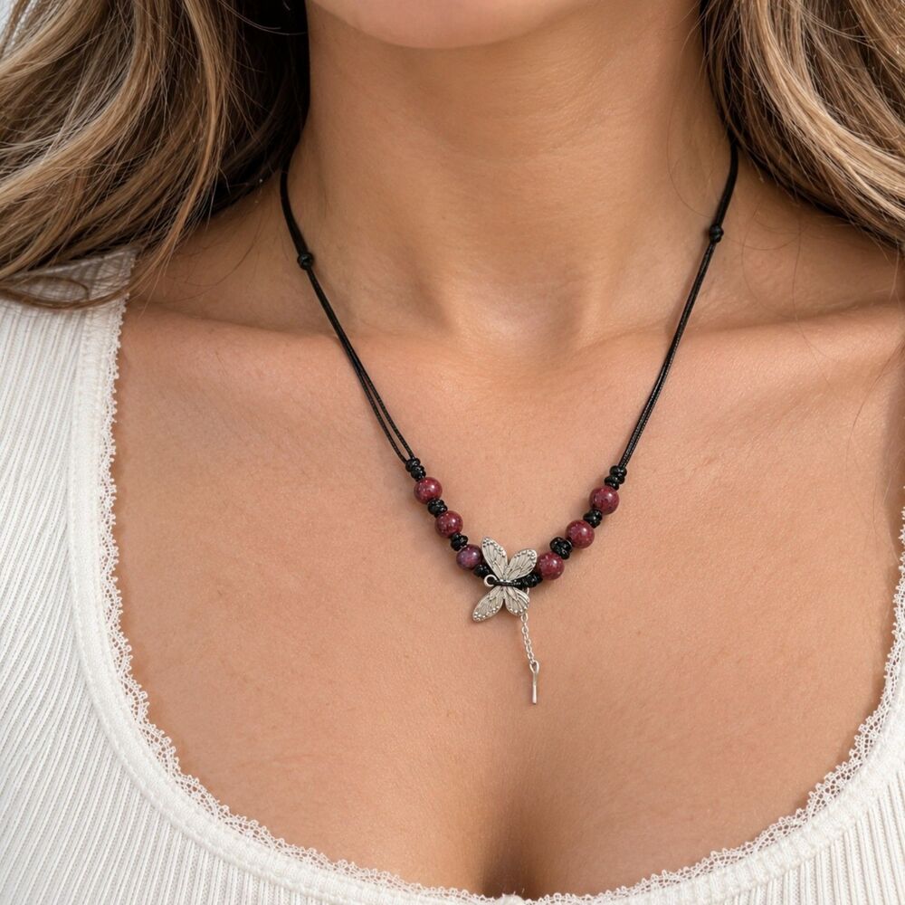Boho Dragonfly Pendant Necklace Red Beaded Black Cord Silver Tone Jewelry